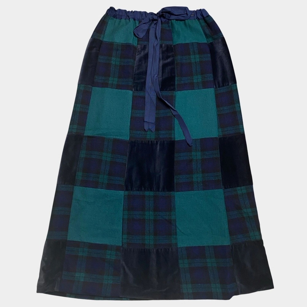 Vintage Patchwork Tartan Maxi Skirt Size M/L Green Navy Plaid Wool Scottish Folk